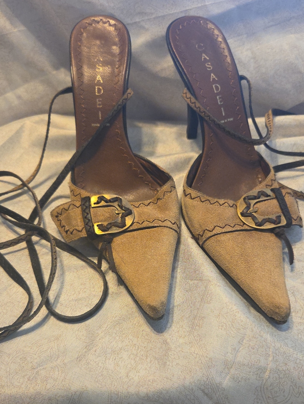 Casadei Tan Suede Pointed-Toe Lace-Up Heels with Gold Buckle